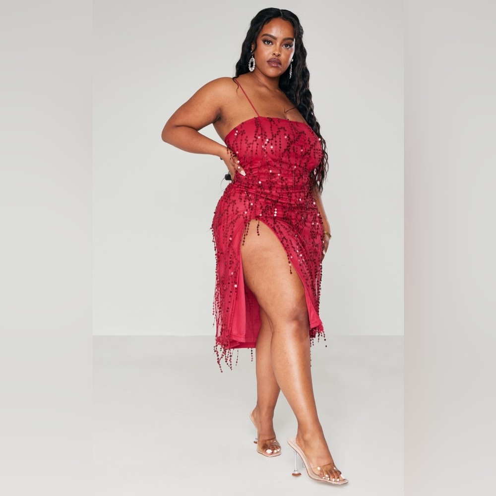 PrettyLittleThing Plus Red Sequin Tassel Detail Midi Dress